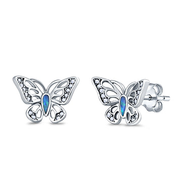 Butterfly Stud Earrings Lab Created Blue Opal 925 Sterling Silver (10mm)